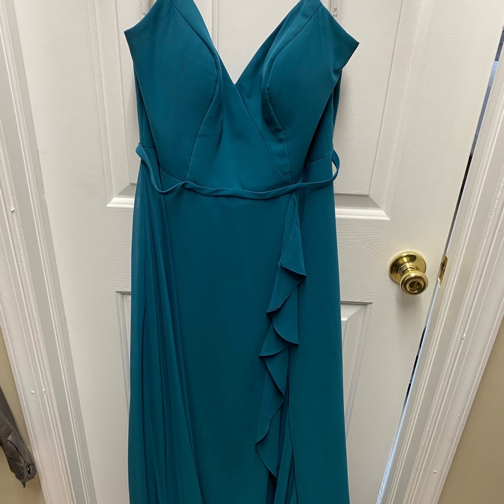 Azazie Teal Strapless Ruffle Wrap Dress